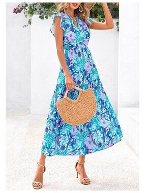 ✨ PRETTYGARDEN Floral Purple Blue Midi Dress Cap Sleeve V-Neck Large NWT